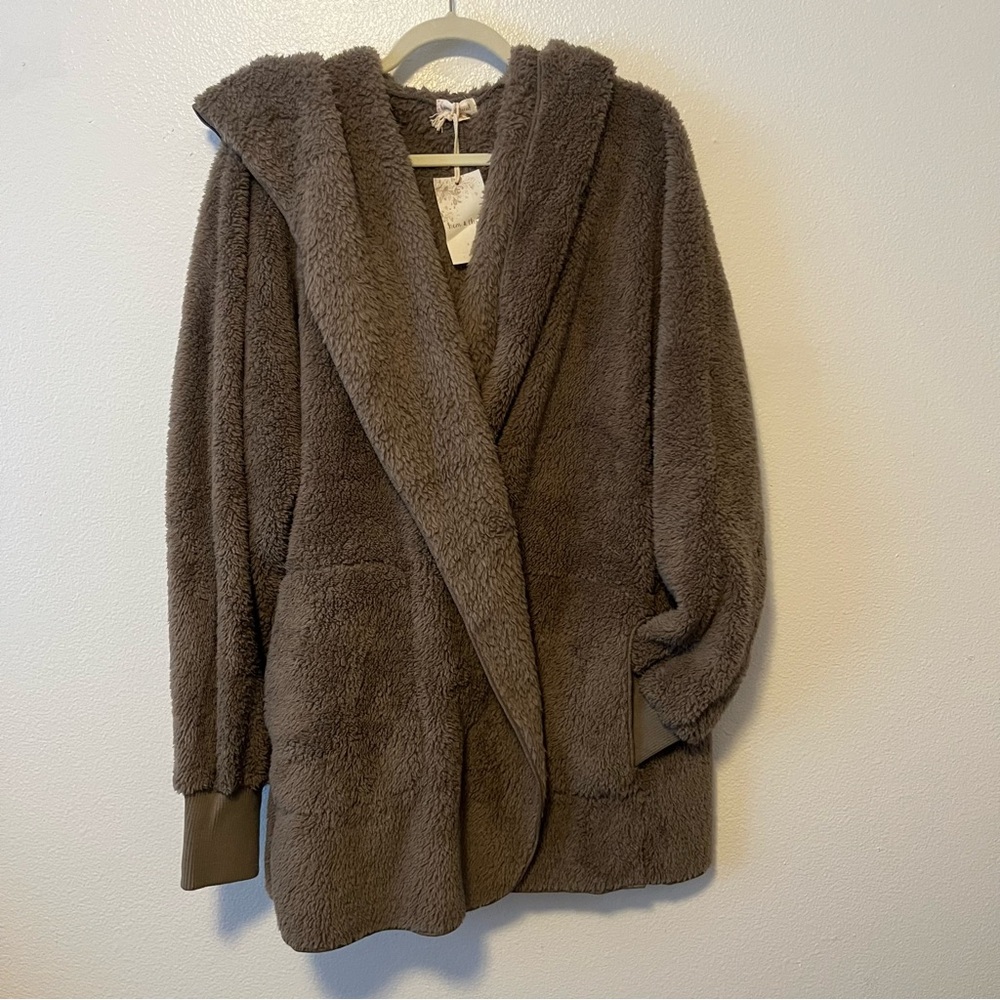 Hem & Thread Cozy Faux Fur Jacket ONE SIZE Fits All BROWN Hooded With Pockets